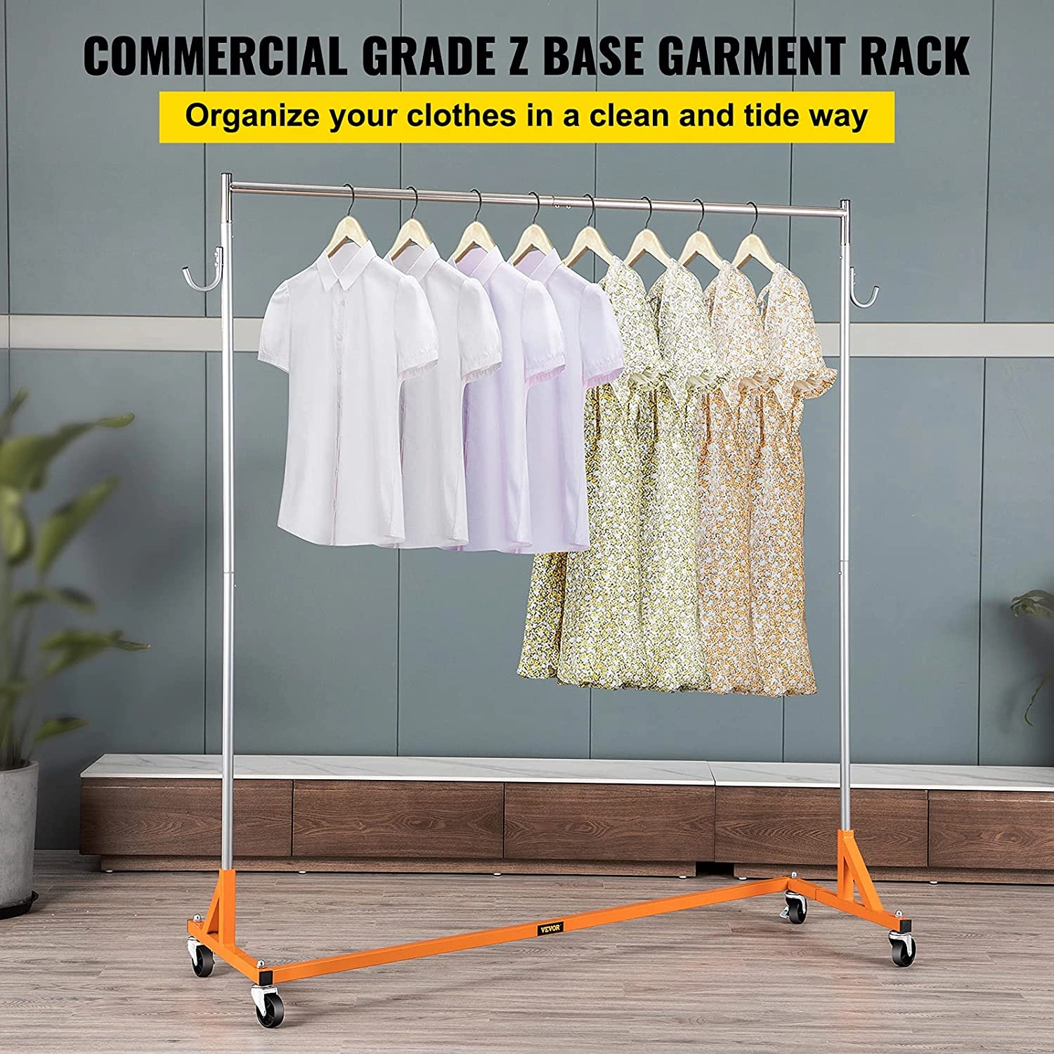 Z Rack, 300 lbs Industrial Grade Z Base Garment Rack, 24 x 63 x 71 Height Adjustable Clothes Rack, Sturdy Steel Heavy Duty Clothing Rack w/ Lockable Casters for Home Garment Store Orange
