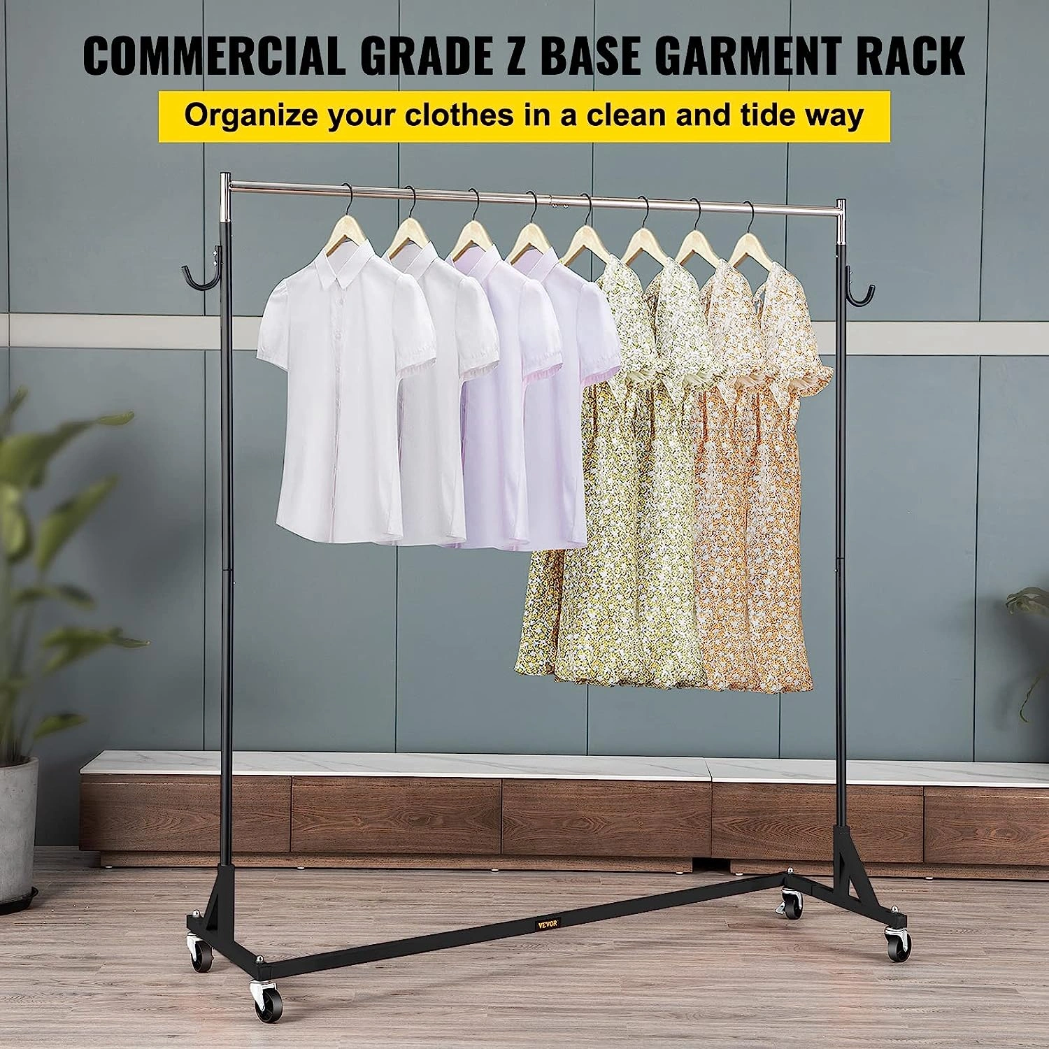 Z Rack, 300 lbs Industrial Grade Z Base Garment Rack, 24 x 63 x 63 Height Adjustable Clothes Rack, Sturdy Steel Heavy Duty Clothing Rack w/ Lockable Casters for Home Garment Store Black