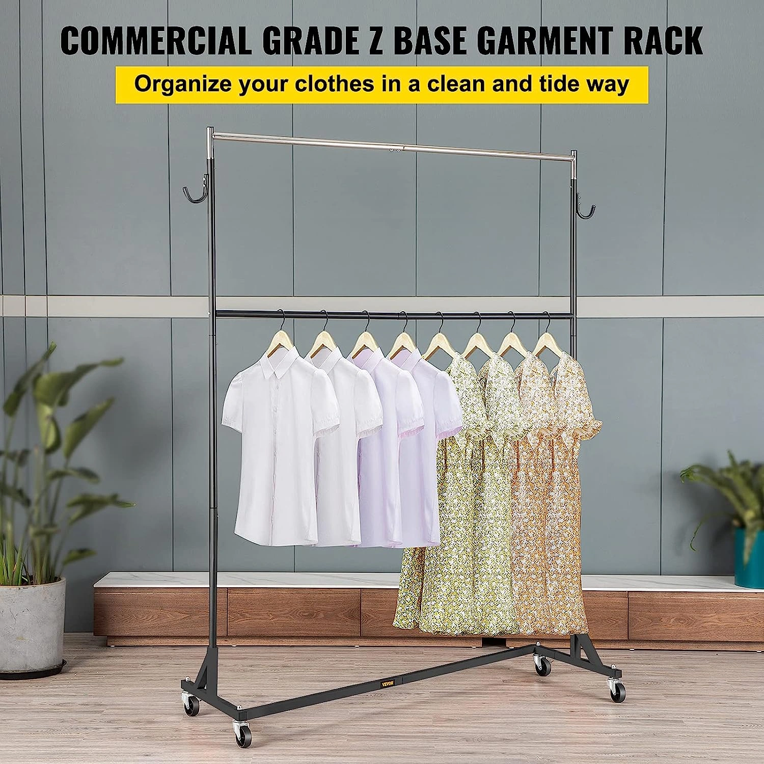 Z Rack, 300 lbs Industrial Grade Z Base Garment Rack, 24 x 62 x 85 Height Adjustable Clothes Rack, Heavy Duty Clothing Rack w/ Lockable Casters for Home Store w/ Add-on Hang Rail Black